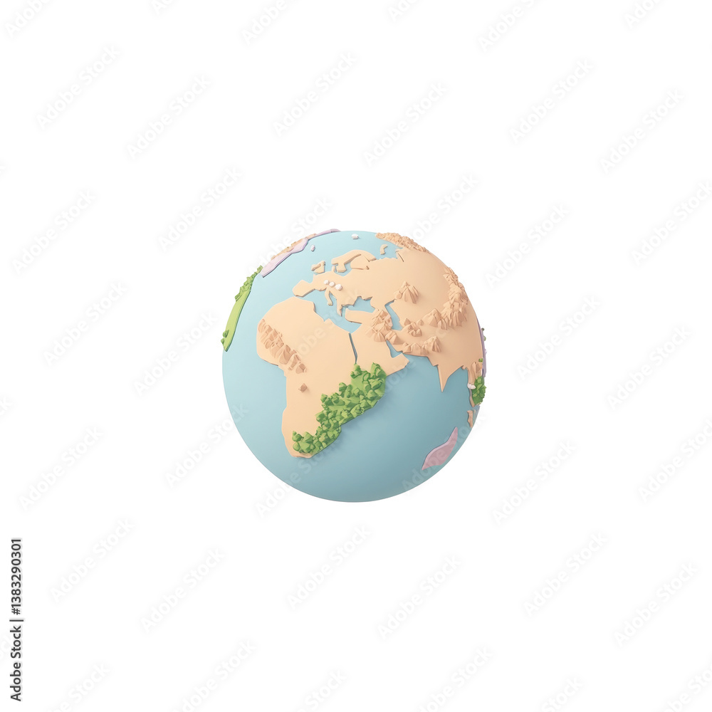 Fototapeta premium 3D realistic representation of planet Earth showcasing landforms and vegetation, evoking sense of wonder and exploration