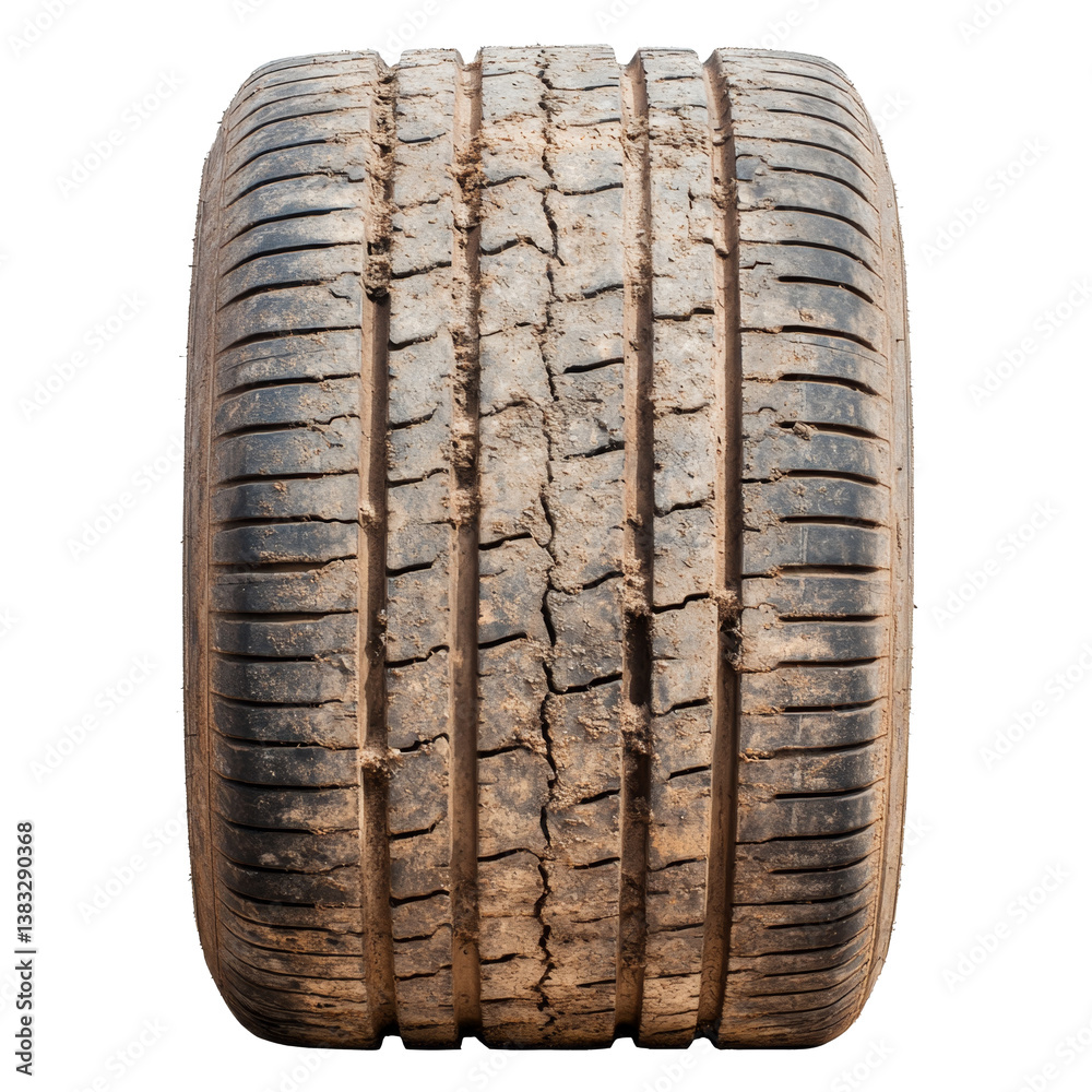 Worn rubber tire with visible tread patterns and dirt, showcasing its age and usage Worn rubber tire with visible tread patterns and dirt, showcasing its age and usage