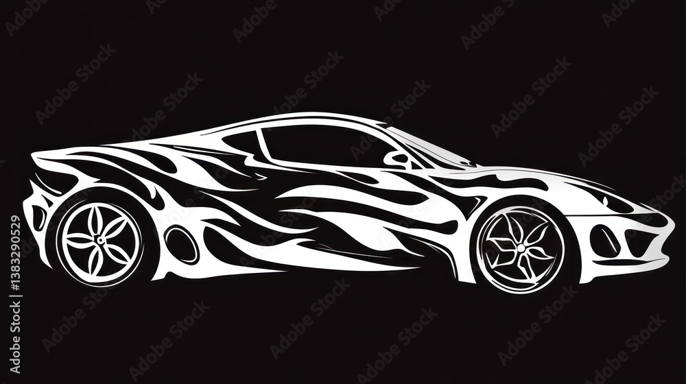 Fototapeta premium White stylized sports car graphic design on black background.