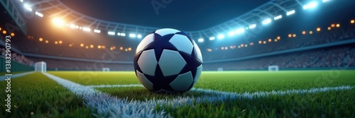 Soccer ball in spotlight on stadium field