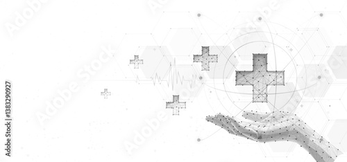 Hand holding a medical cross icon. Abstract background, hospital treatment, digital doctor.