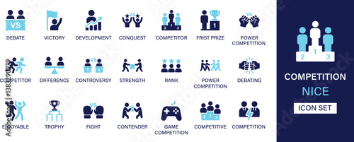 Competition icon set collection. Debate, victor, conquest, competitor, first prize, competitor, difference, controversy, strength and best solid icon set.