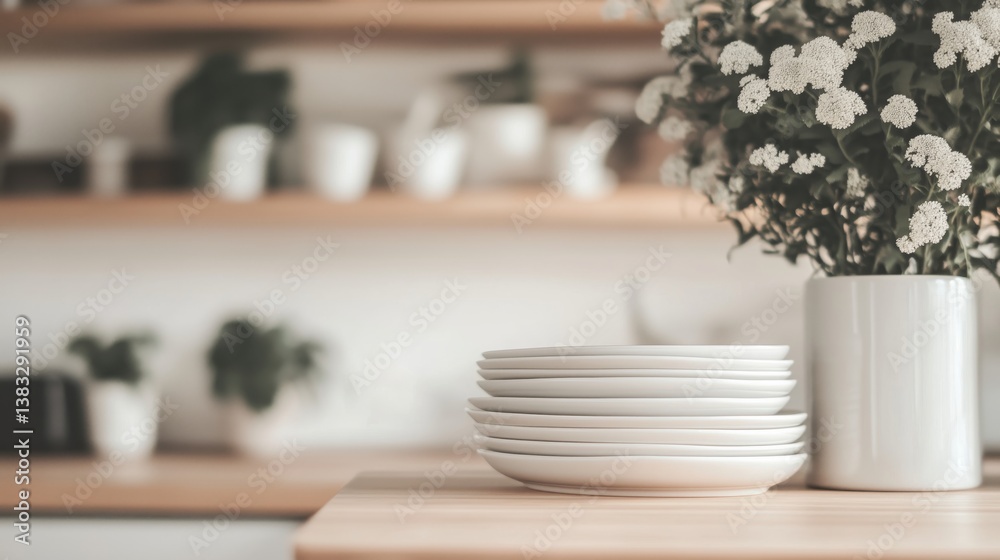 Stack of ceramic plates in rustic kitchen setting Stack of ceramic plates in rustic kitchen setting