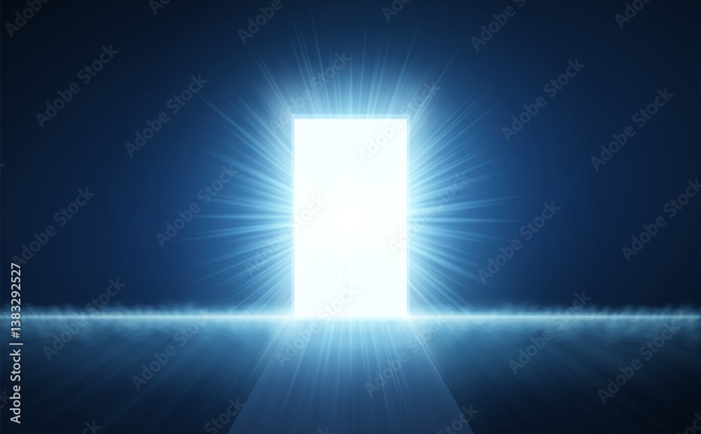 Open door with abstract light on blue background. Digital gateway, virtual doorway.