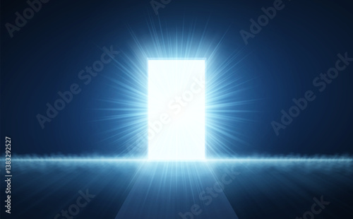 Open door with abstract light on blue background. Digital gateway, virtual doorway.