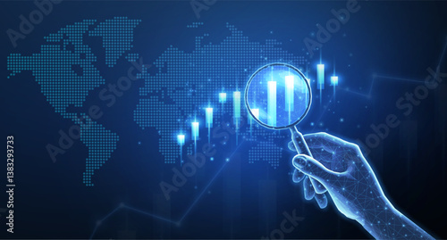 Hand with magnifying glass and stock chart on digital world map