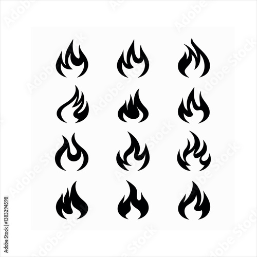 Burning hot vector fire flames set icons depict danger with orange and yellow blaze symbols.