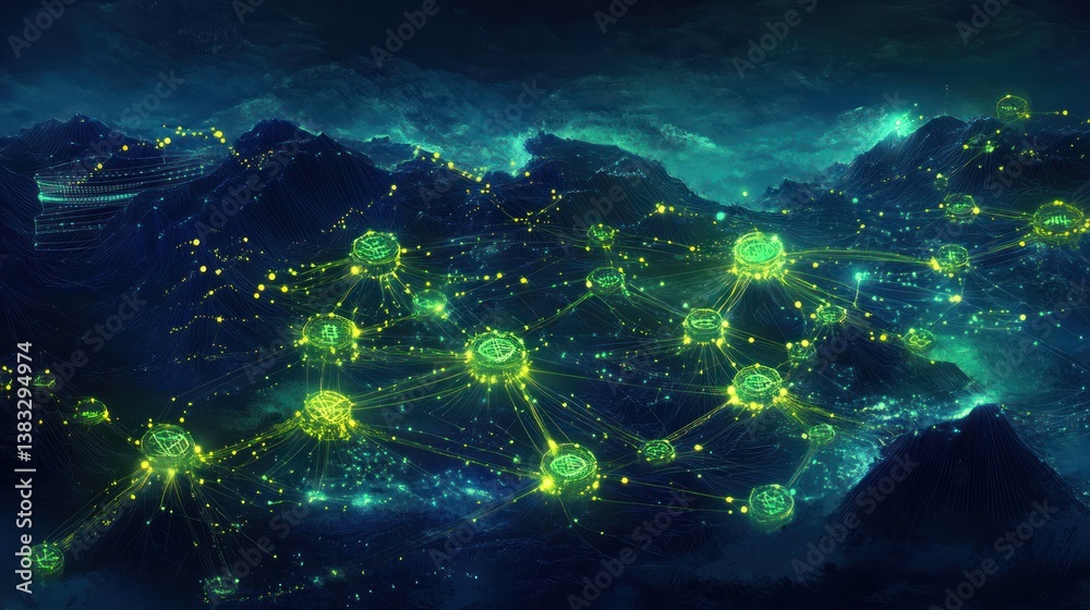 Fototapeta premium A digital landscape depicting interconnected nodes and networks in a futuristic setting.