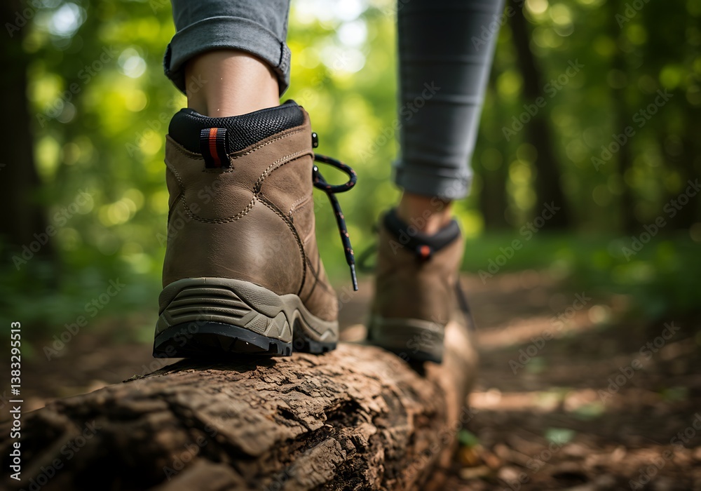 A lone hiker carefully balances on a fallen log, a journey of exploration and self-discovery amidst a sun-dappled forest path, showcasing sturdy brown hiking boots. A lone hiker carefully balances on a fallen log, a journey of exploration and self-discovery amidst a sun-dappled forest path, showcasing sturdy brown hiking boots.