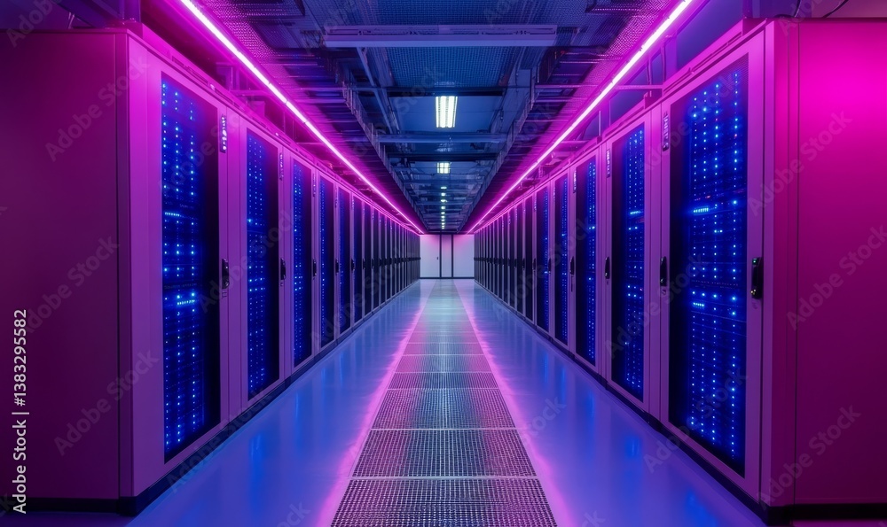 Fototapeta premium data center corridor with modern neon lights, highlighting the symmetry and technological advanced environment. The neon lights create a striking contrast with the server racks lining the walls.