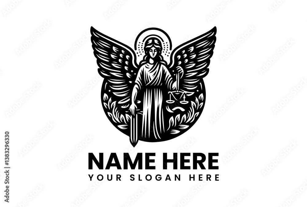 Majestic angel warrior wielding a flaming sword, divine law and justice emblem for legal and spiritual branding Majestic angel warrior wielding a flaming sword, divine law and justice emblem for legal and spiritual branding