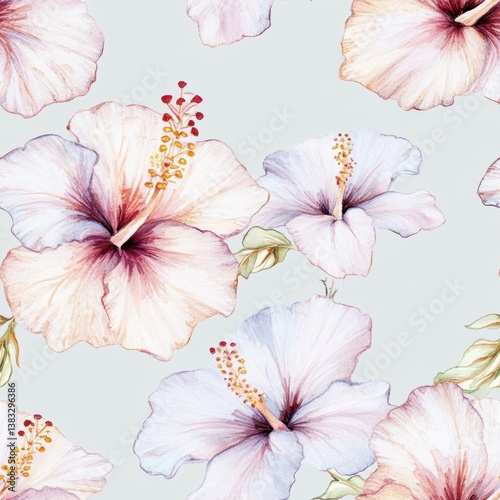 Colorful Hibiscus Flowers on Soft Green Background Pattern Design