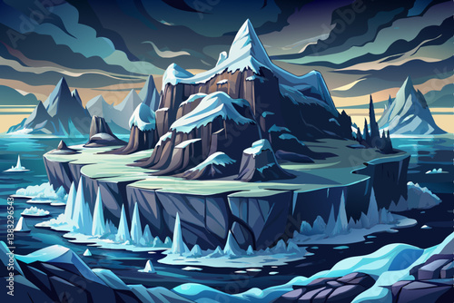 icy rocky island in a northern sea with frozen cliffs and floating icebergs