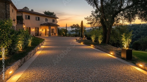 A serene evening view of a well-lit driveway leading to a modern house amidst nature.