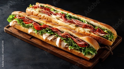 Long submarine sandwiches arranged on a dark background, showcasing their fresh ingredients and appetizing layers.