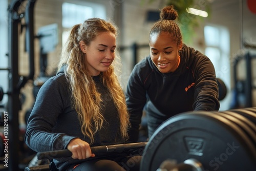 two women are focused on barbell at the gym. one is assisting the other with the weight training. They are in activewear, focused and determined. 