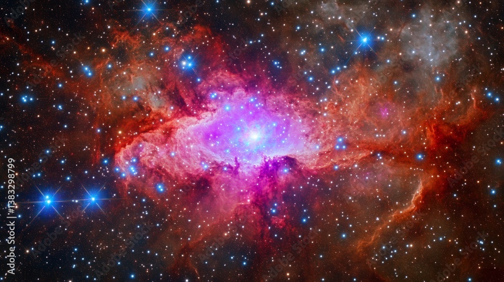Fototapeta premium Distant blazar radiating intense light, surrounded by cosmic dust, a mysterious early universe phenomenon.