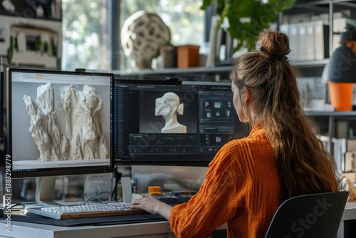 a woman working on 3D design on a computer in her workspace. The scene depicts a woman creating 3D designs, with software on the monitors displaying a white statue 