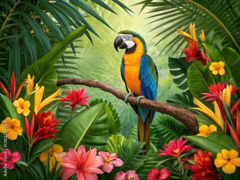 A vibrant macaw perched on a branch amid lush tropical foliage and colorful flowers, creating a lively, exotic scene.