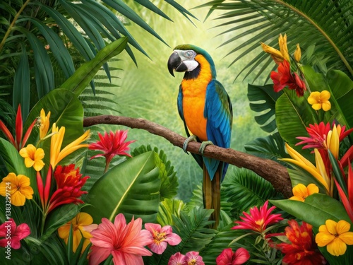 Obraz na płótnie A vibrant macaw perched on a branch amid lush tropical foliage and colorful flowers, creating a lively, exotic scene. w salonie