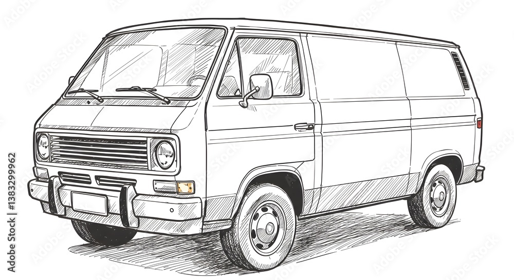 Fototapeta premium Sketch of Classic Van Vehicle Detailed Black and White Illustration