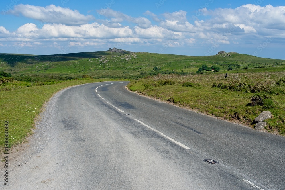 Empty roads in the vast empty landscape of Dartmoor National Park in Devon England Empty roads in the vast empty landscape of Dartmoor National Park in Devon England