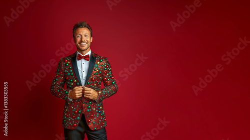 Handsome and irresistible man with a charming smile, wearing a tuxedo made of Christmas ornaments, standing in front of a solid background, in the spirit of the holidays, Christmas, and New Year