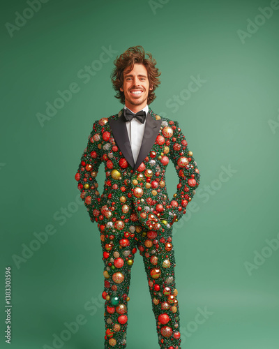 Handsome and irresistible man with a charming smile, wearing a tuxedo made of Christmas ornaments, standing in front of a solid background, in the spirit of the holidays, Christmas, and New Year