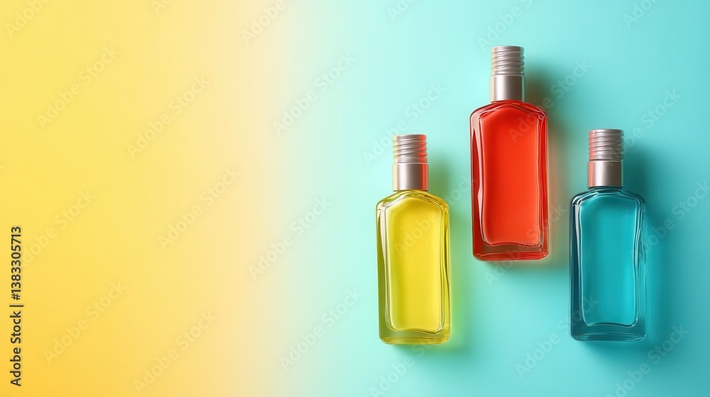 Nail polishes in bottles on color background, flat lay. Space for text Nail polishes in bottles on color background, flat lay. Space for text