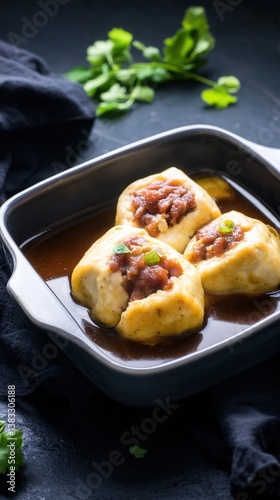 Delicious Chinese stuffed tofu, a culinary delight, simmered in a rich savory broth within a dark gray rectangular baking dish, garnished with fresh cilantro sprigs, presented as a