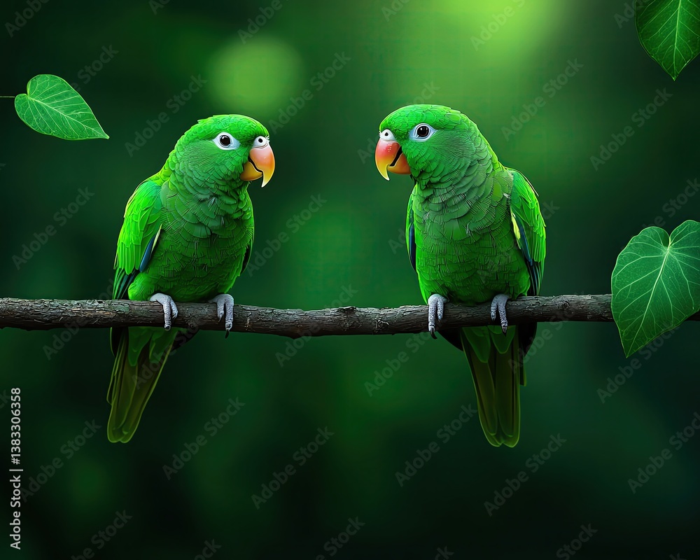 Obraz premium Two green parrots on tree branch in a forest wallpaper for nature lovers high-definition parrot wallpaper and realistic parrot wallpaper for forest scenes with parrots, green parrots, forest backgroun