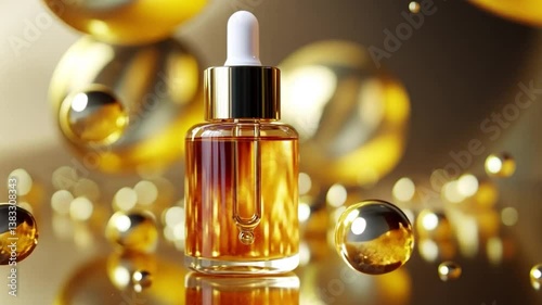 Cosmetics beauty video, serum in a bottle on a gold background with a bokeh effect