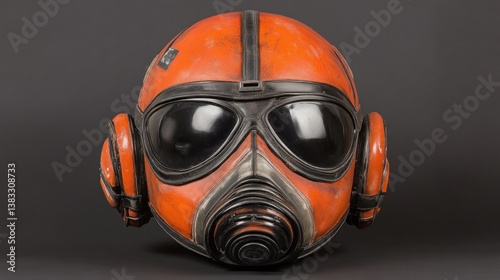 Worn orange gas mask helmet with ear protection, isolated on grey background.