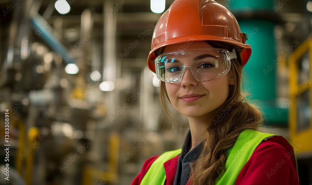 portrait of a female engineer smiling confidently, wearing a hard hat and safety glasses, in an industrial setting portrait of a female engineer smiling confidently, wearing a hard hat and safety glasses, in an industrial setting