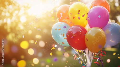 Child's colorful balloon bouquet with confetti and streamers, celebrating joy and playfulness on International Children's Day.