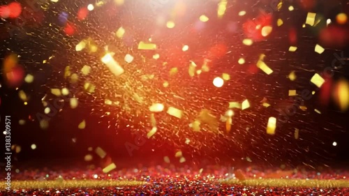 Abstract red festive background with golden confetti and streamers