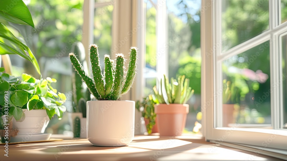Fototapeta premium Bright Indoor Plant Scene with Cacti and Greenery in Sunlight
