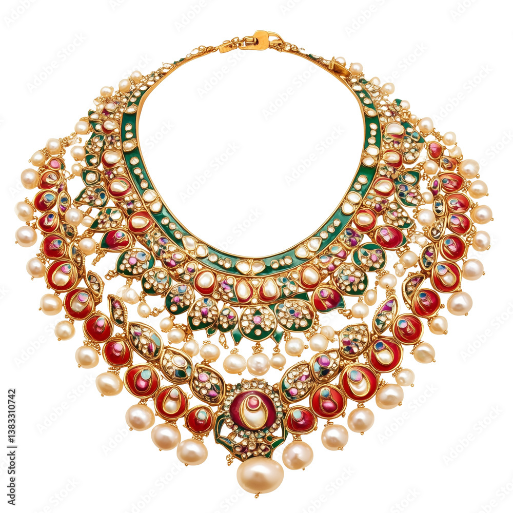 Bridal kundan necklace set with layered pearls and colorful enamel