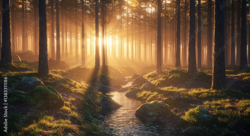 Obraz premium Enchanted Forest with Sunlight Beams