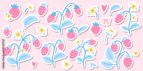 Vector set of wild strawberry illustrations with juicy berries, flowers, and leaves. Ideal for summer clipart, sticker packs, and food-themed designs