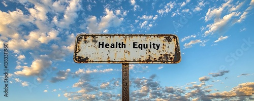Health Equity road sign under a bright blue sky with fluffy clouds. The sign appears weathered, suggesting a long-standing message about equal healthcare opportunities