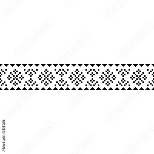 A Stripes horizontal seamless pattern with intricate tribal-inspired geometric designs in black and white. Great for branding, packaging, and home decor.