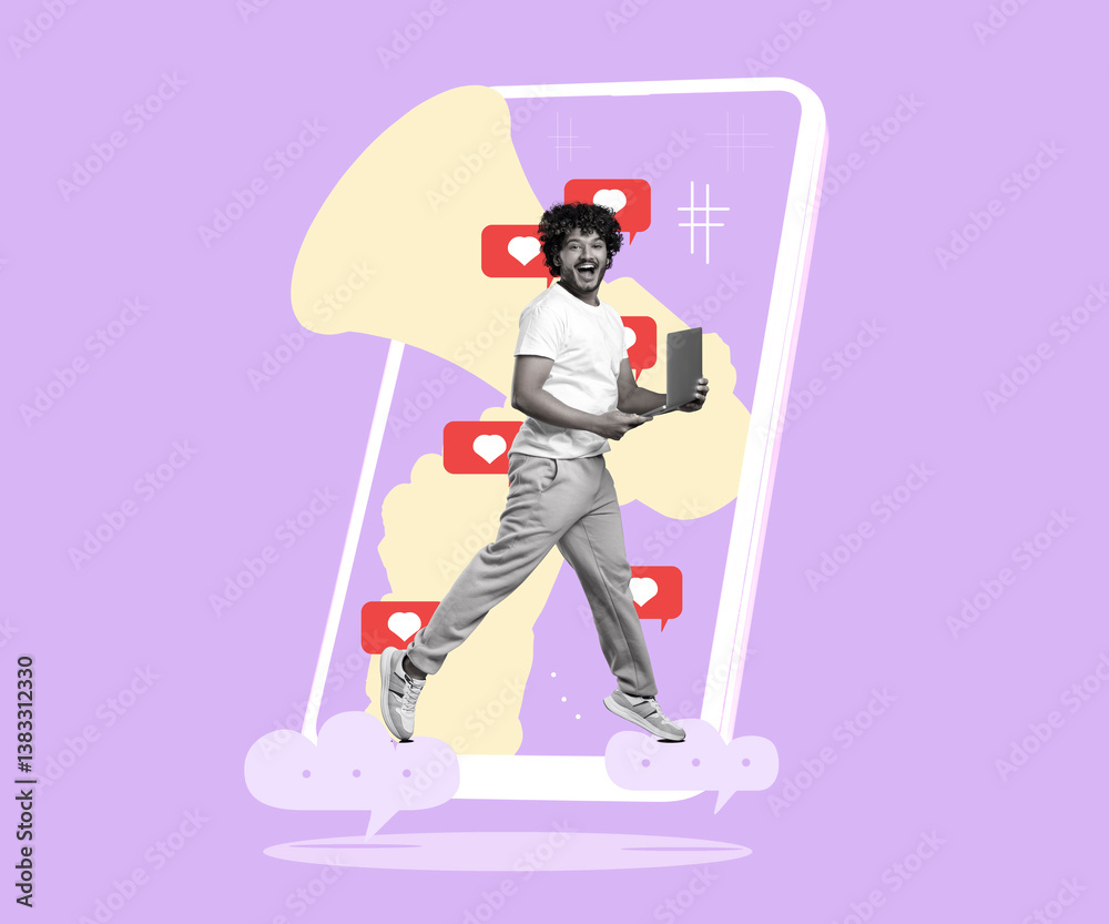 Content manager. Happy man jumping near mobile phone with social media notifications and loudspeaker on violet background, creative collage