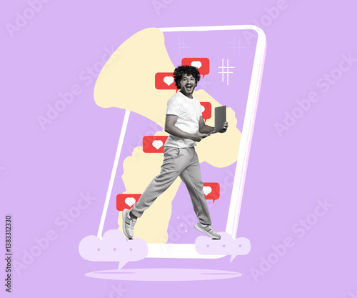 Obraz na płótnie Content manager. Happy man jumping near mobile phone with social media notifications and loudspeaker on violet background, creative collage w salonie
