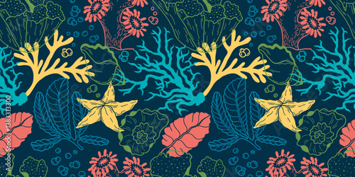 Seamless pattern of corals and shells. Sea coral reef polyps and algae, tropical ocean, underwater wildlife and marine flora, textile or wallpaper background design.