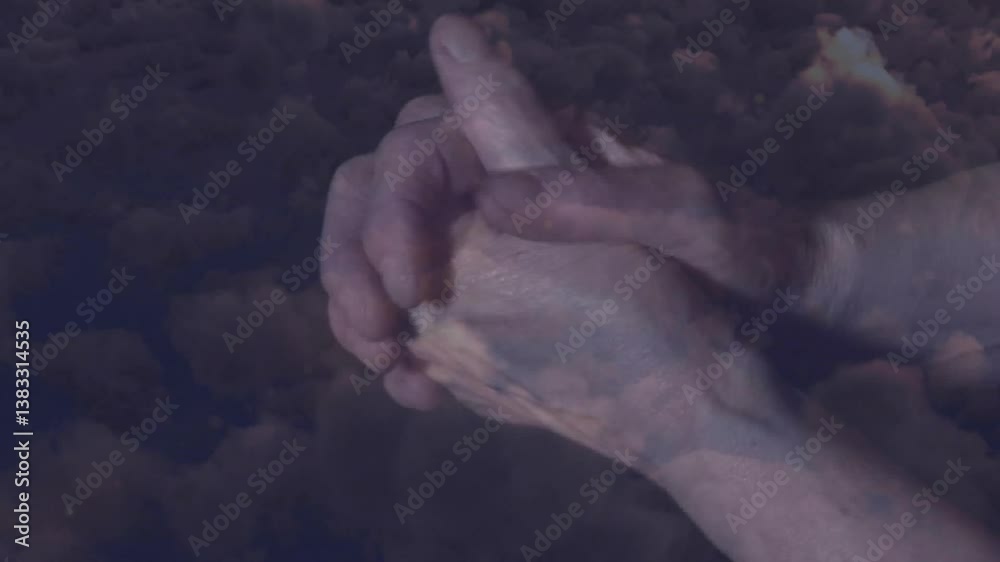 Hands clasped together against dark clouds, creating dramatic animation effect Hands clasped together against dark clouds, creating dramatic animation effect