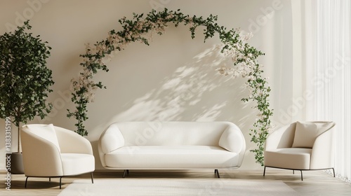 Modern living room with white sofa, green arch, and dried flowers, embodying minimalistic elegance and natural simplicity.