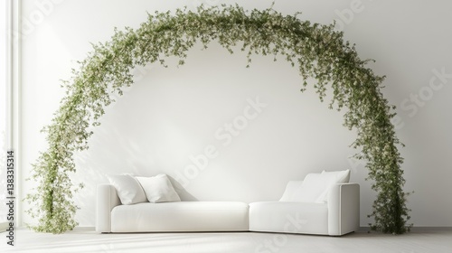 Modern living room with white sofa, green arch, and dried flowers, embodying minimalistic elegance and natural simplicity.