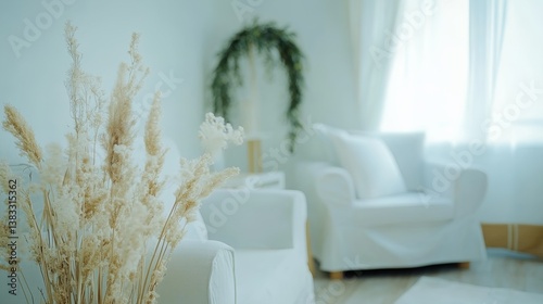 Modern living room with white sofa, green arch, and dried flowers, embodying minimalistic elegance and natural simplicity.