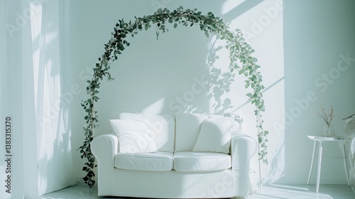 Modern living room with white sofa, green arch, and dried flowers, embodying minimalistic elegance and natural simplicity.